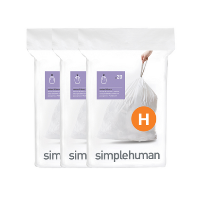 Simplehuman  code H custom fit bin liners, 3 x pack of 20 (60 liners)